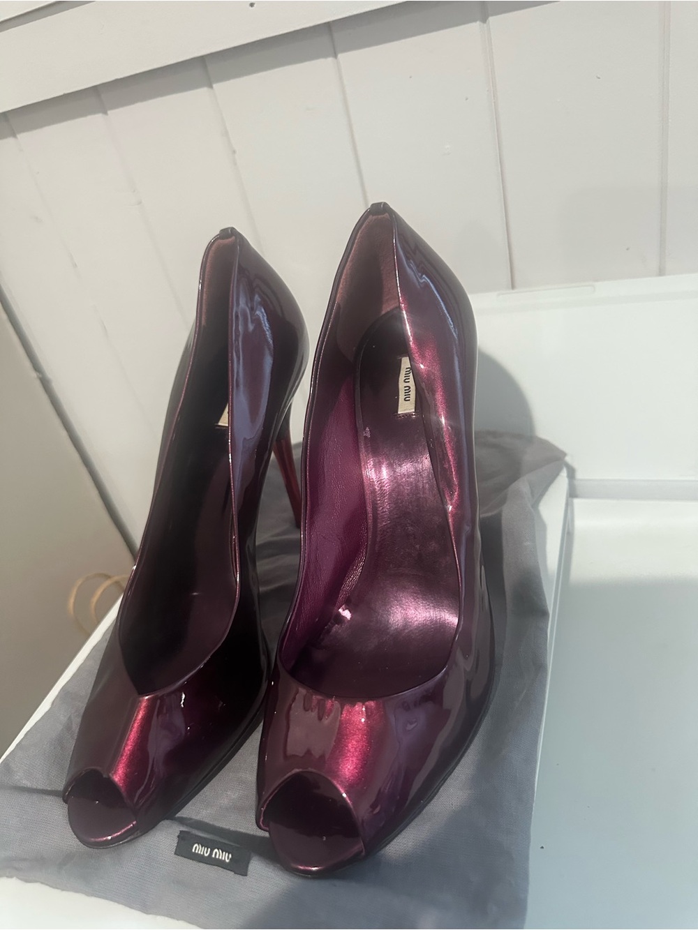 Miu Miu Metallic Plum Open-Toe Stiletto Pumps